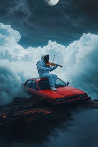 Space Musician Red Car In The Clouds (320x480) Resolution Wallpaper