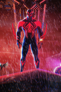 Spider Man 2099 And Scarlet Spiderman In Action 4k (1125x2436) Resolution Wallpaper