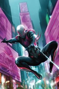Spider Man 2099 Battling Crime In The City (1440x2960) Resolution Wallpaper