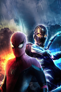 Spider Man And Blue Beetle Team Up (1080x2280) Resolution Wallpaper