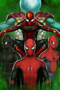 Spiderman Far From Home Suits (320x568) Resolution Wallpaper