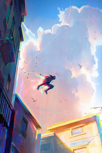 Spiderman Jumping Through Buildings Comic Art 4k (1280x2120) Resolution Wallpaper