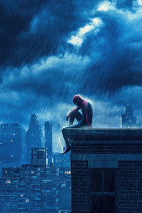 Spiderman Sitting On City Rooftop In Rain