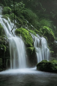 Spring Waterfall Stone Fog Mist Green Forest 8k (540x960) Resolution Wallpaper