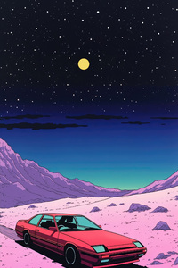 Starry Desert Adventure On Classic Car Synthwave Road (240x400) Resolution Wallpaper