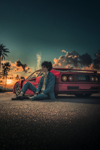 Sunset Dreams With Red Ferrari And Palm Trees (640x960) Resolution Wallpaper