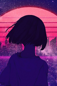 480x800 Synthwave Night Sunset Anime Girl 4k