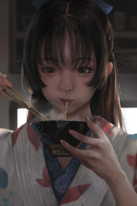 Thai Girl Eating Noodles (2160x3840) Resolution Wallpaper