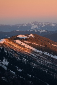 Twilights Embrace Snow Capped Peaks In Sunrise Glow (1440x2560) Resolution Wallpaper