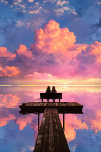 Two Bestie On Pier At Sunset (640x960) Resolution Wallpaper