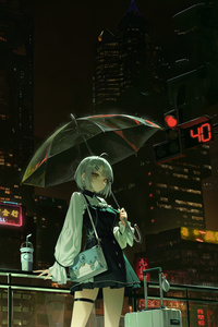 Umbrella Anime Girl In Cyber City (1080x2280) Resolution Wallpaper