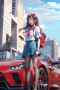 Urban Day Anime School Girl Sneakers With Cars 5k (240x400) Resolution Wallpaper
