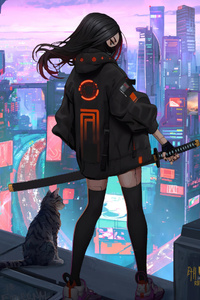Urban Girl With Sword In Scifi World (320x480) Resolution Wallpaper