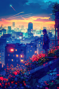 Urban Isolation Anime Girl And The City Lights (240x320) Resolution Wallpaper