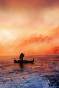 Vikings Have Arrived Longship At Sunset (640x960) Resolution Wallpaper