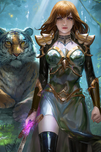 Warrior Girl With Tiger (1440x2960) Resolution Wallpaper
