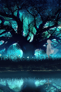 Whispers Of Wishes Enchanting Anime Girl Under The Tree (320x568) Resolution Wallpaper