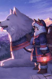 White Dog With Cute Baby Girl Snow Mountains Artwork (1080x2160) Resolution Wallpaper