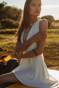 White Dress Girl Sitting On Convertible Car In Nature (320x480) Resolution Wallpaper