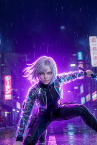 White Haired Girl With Neon Sword (320x568) Resolution Wallpaper