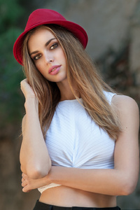 White Top Girl With Red Hat (1080x2280) Resolution Wallpaper