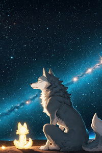 White Wolf And Cat In Space (540x960) Resolution Wallpaper