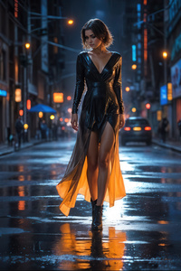 Woman In A Black Dress Walking On A Wet City Street At Night (320x480) Resolution Wallpaper