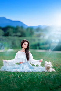 Woman With White Dog On Grass (640x1136) Resolution Wallpaper