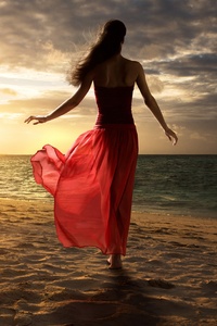 Women Beach Sand Walking Red Dress