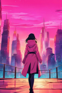 Women In Pink Long Coat Standing In Cyberpunk City 4k (360x640) Resolution Wallpaper
