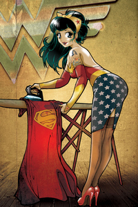 Wonder Woman Ironing Superman Cape (240x400) Resolution Wallpaper